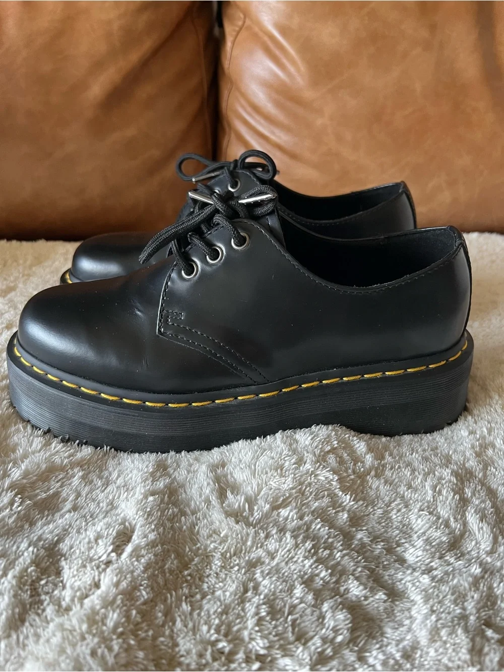 Dr. Martens Black Platform Derby Shoes with Yellow Stitching